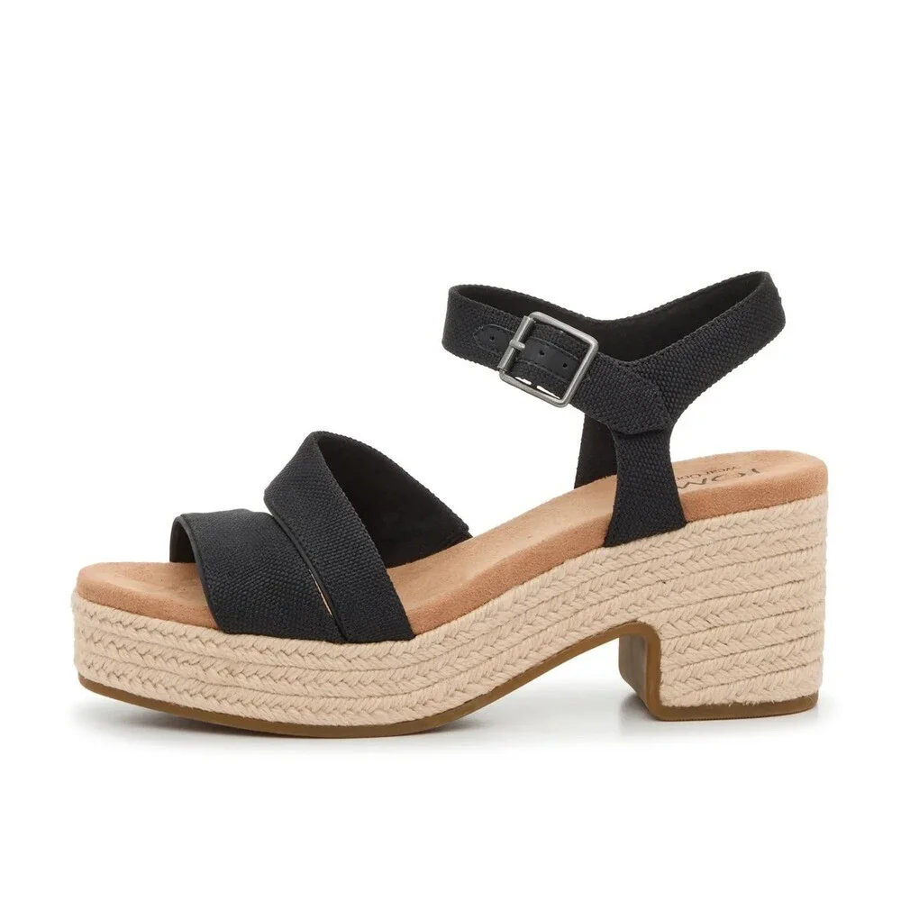 Toms Kiki Sandals Womans US 6.5 Black Ankle Strap Block Heel Espadrille HTAT1457